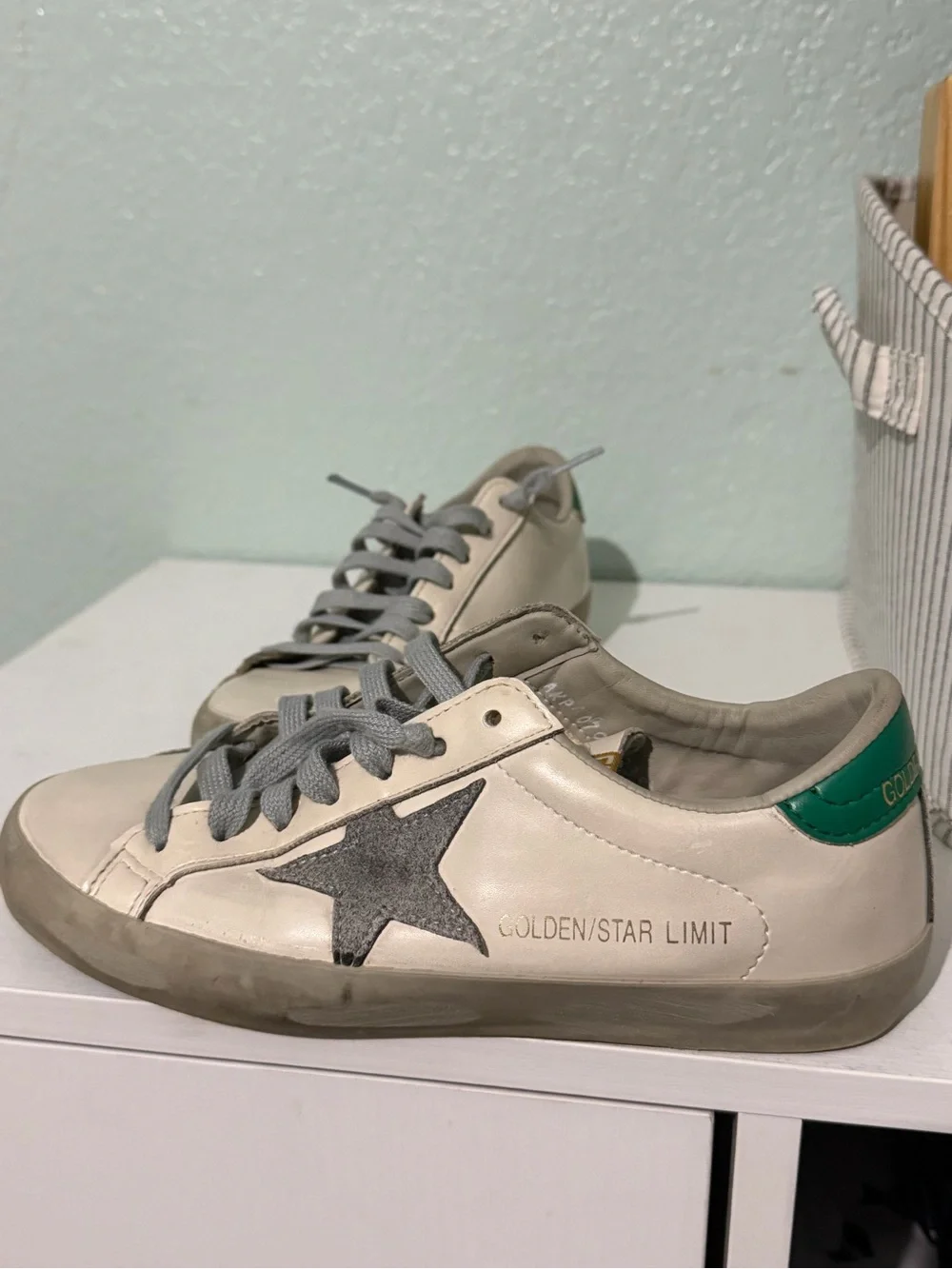 Golden Goose White Leather Sneakers with Green Heel and Gray Star - Picture 9 of 13